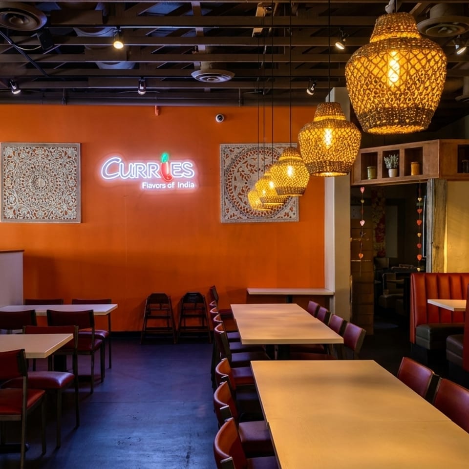 Interior of Curries restaurant with orange and green walls, tables, red chairs, and booth seating.